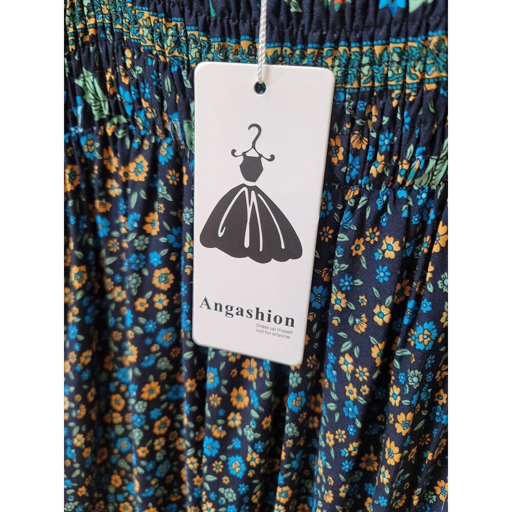 Angashion Maxi Dress Women's Medium Multi Cotton Floral Ruffled Hem Spaghetti - Picture 8 of 14